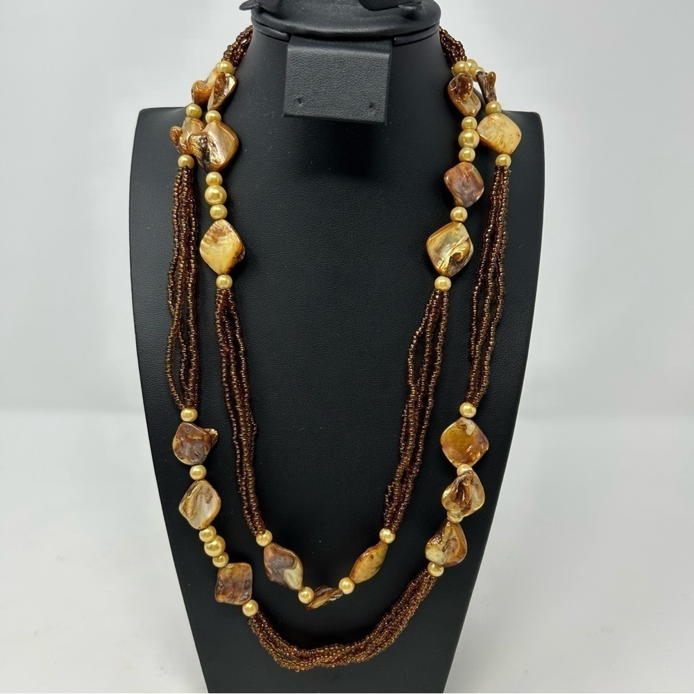Yellow Amber Color Dyed Mother of Pearl Shell Layered Necklace Seed Beads 22.5"